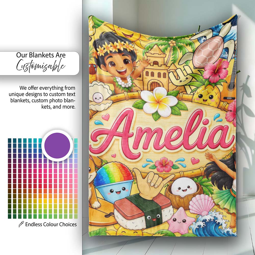Cute Hawaiian Kids Yellow Background Tiki Beach Summer Cartoon  Personalised Custom Name Super Soft Fleece Blanket Bed Sofa Throw