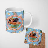Personalized Custom Name Cute Hula Girl Blue Background Tropical Flowers Coconut Seamless 11oz Ceramic Coffee Tea Mug White Large Handle