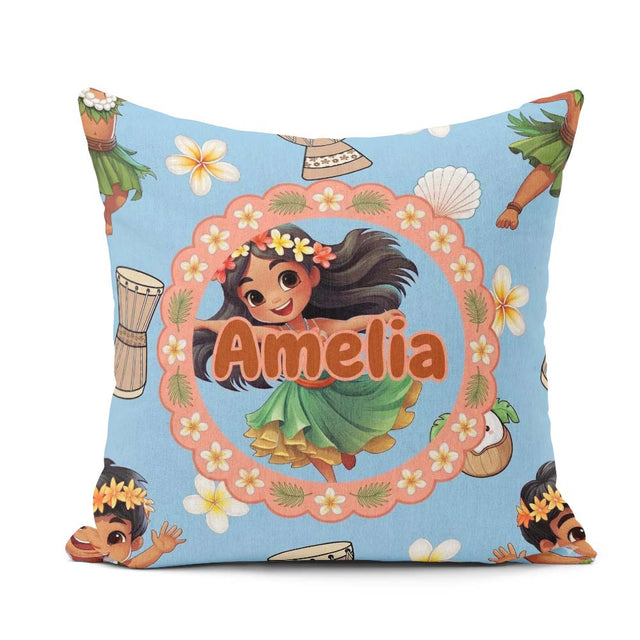 Custom Name Hula Girl Blue Background Tropical Flowers Seamless Square Filled Cushion Throw Pillow Sofa Bed Home Decor Zip Washable UK Made