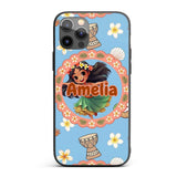 Cute Hula Girl Blue Background Tropical Flowers Custom Name Protective Phone Case Mobile Cover Durable Everyday Smartphone Shock Resistant