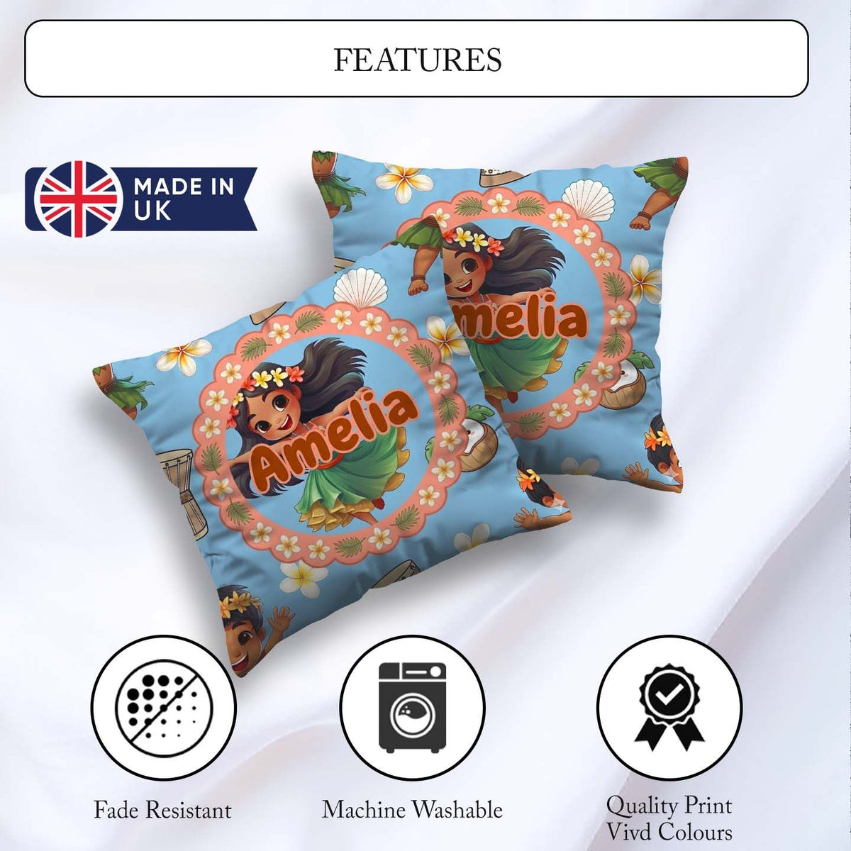 Custom Name Hula Girl Blue Background Tropical Flowers Seamless Square Filled Cushion Throw Pillow Sofa Bed Home Decor Zip Washable UK Made