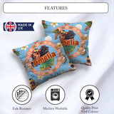 Custom Name Hula Girl Blue Background Tropical Flowers Seamless Square Filled Cushion Throw Pillow Sofa Bed Home Decor Zip Washable UK Made
