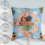 Custom Name Hula Girl Blue Background Tropical Flowers Seamless Square Filled Cushion Throw Pillow Sofa Bed Home Decor Zip Washable UK Made