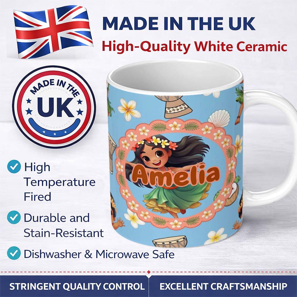 Personalized Custom Name Cute Hula Girl Blue Background Tropical Flowers Coconut Seamless 11oz Ceramic Coffee Tea Mug White Large Handle
