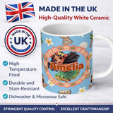 Personalized Custom Name Cute Hula Girl Blue Background Tropical Flowers Coconut Seamless 11oz Ceramic Coffee Tea Mug White Large Handle