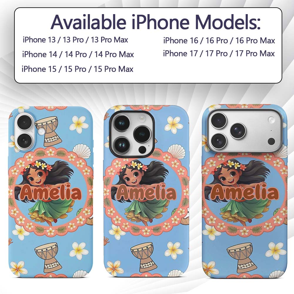 Cute Hula Girl Blue Background Tropical Flowers Custom Name Protective Phone Case Mobile Cover Durable Everyday Smartphone Shock Resistant