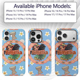 Cute Hula Girl Blue Background Tropical Flowers Custom Name Protective Phone Case Mobile Cover Durable Everyday Smartphone Shock Resistant
