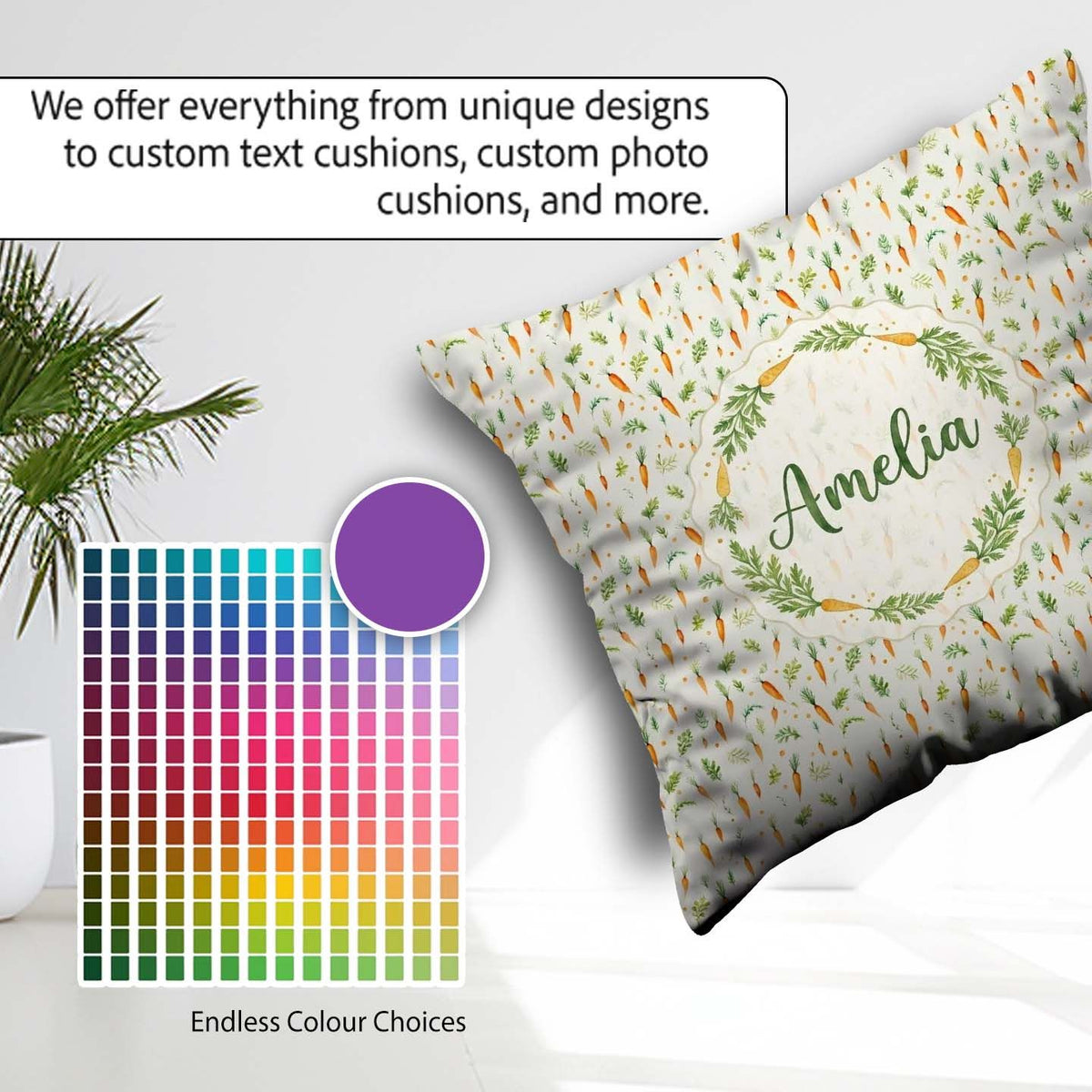 Custom Name Delicate Watercolor Carrot and Herb Seamless Pattern Square Filled Cushion Throw Pillow Sofa Bed Home Decor Zip Washable UK Made