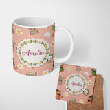 Personalized Custom Name Cute Hula Girl Peach Background Tropical Flowers Coconut Seamless 11oz Ceramic Coffee Tea Mug White Large Handle