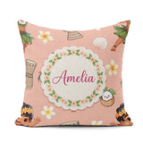 Custom Name Hula Girl Peach Background Tropical Flowers Seamless Square Filled Cushion Throw Pillow Sofa Bed Home Decor Zip Washable UK Made