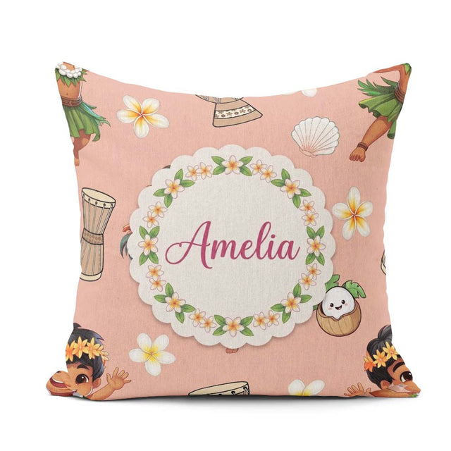 Custom Name Hula Girl Peach Background Tropical Flowers Seamless Square Filled Cushion Throw Pillow Sofa Bed Home Decor Zip Washable UK Made