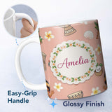 Personalized Custom Name Cute Hula Girl Peach Background Tropical Flowers Coconut Seamless 11oz Ceramic Coffee Tea Mug White Large Handle