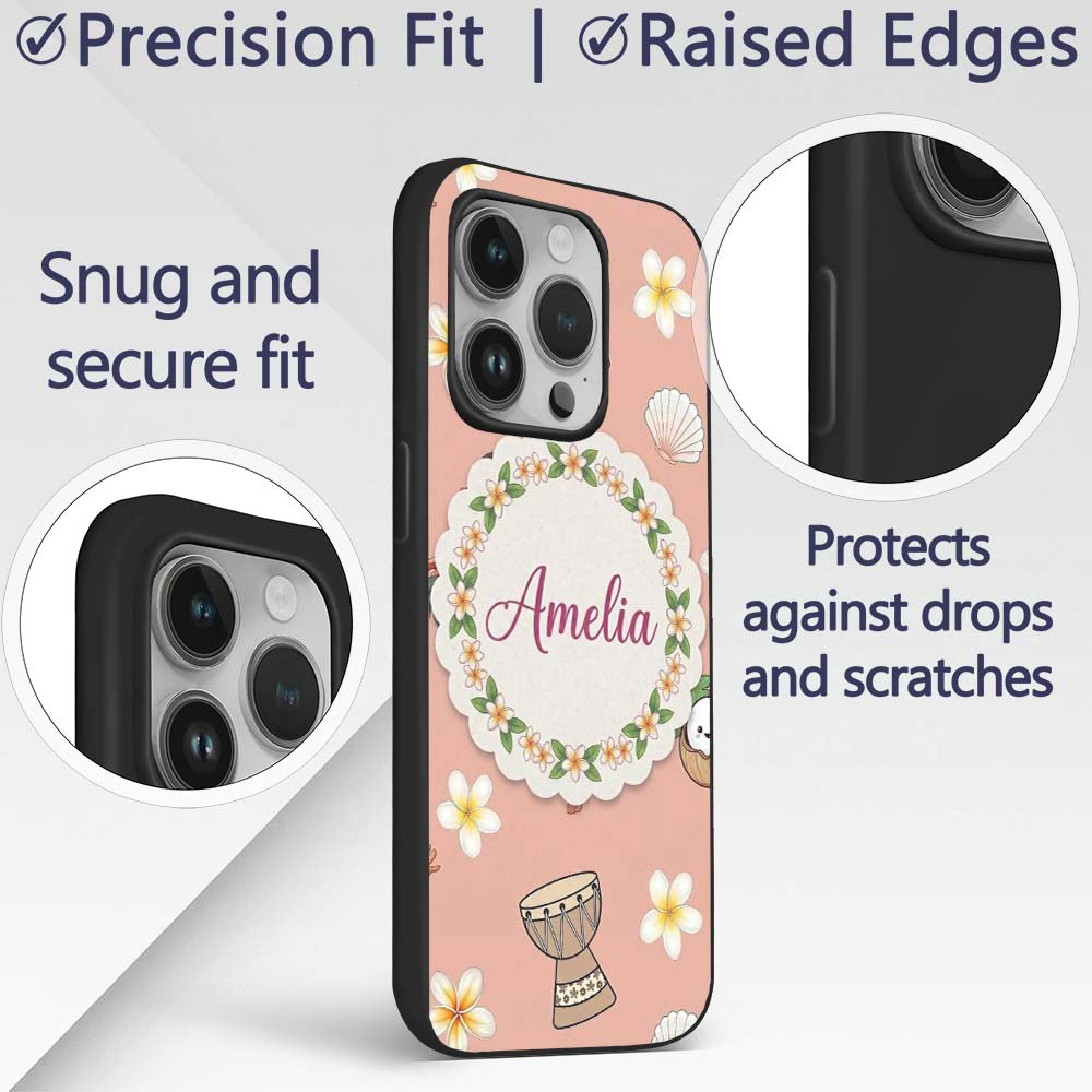 Cute Hula Girl Peach Background Tropical Flowers Custom Name Protective Phone Case Mobile Cover Durable Everyday Smartphone Shock Resistant