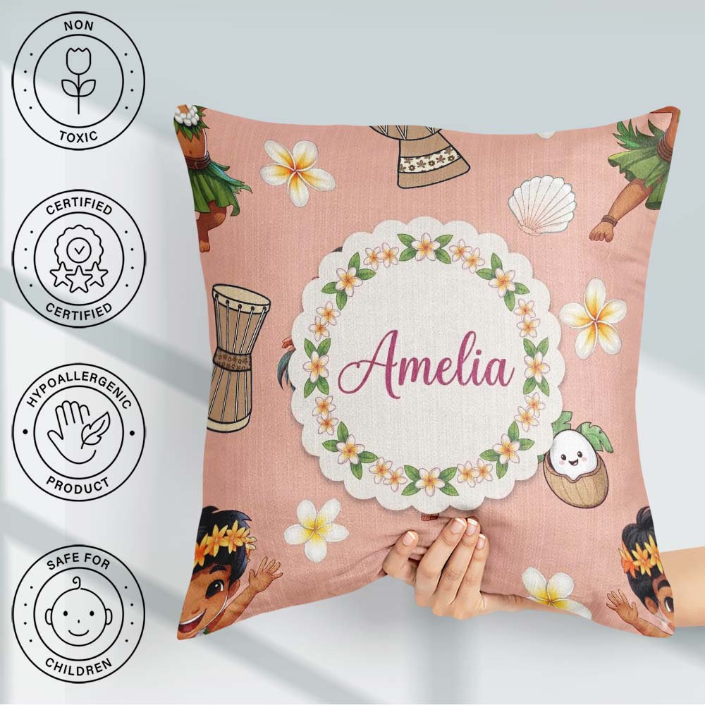 Custom Name Hula Girl Peach Background Tropical Flowers Seamless Square Filled Cushion Throw Pillow Sofa Bed Home Decor Zip Washable UK Made