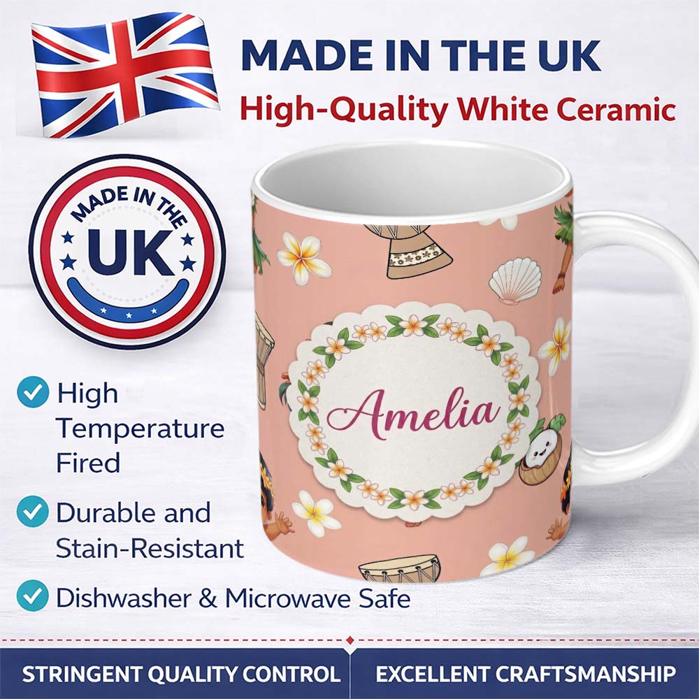 Personalized Custom Name Cute Hula Girl Peach Background Tropical Flowers Coconut Seamless 11oz Ceramic Coffee Tea Mug White Large Handle