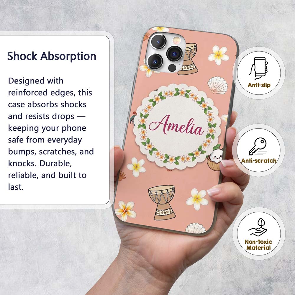 Cute Hula Girl Peach Background Tropical Flowers Custom Name Protective Phone Case Mobile Cover Durable Everyday Smartphone Shock Resistant