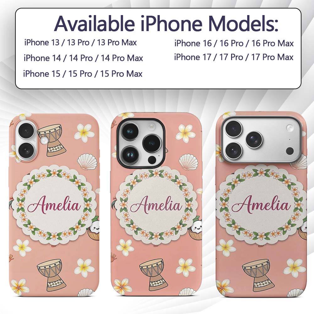 Cute Hula Girl Peach Background Tropical Flowers Custom Name Protective Phone Case Mobile Cover Durable Everyday Smartphone Shock Resistant