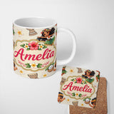 Personalized Custom Name Cute Hula Girl Cream Background Tropical Flowers Coconut Seamless 11oz Ceramic Coffee Tea Mug White Large Handle