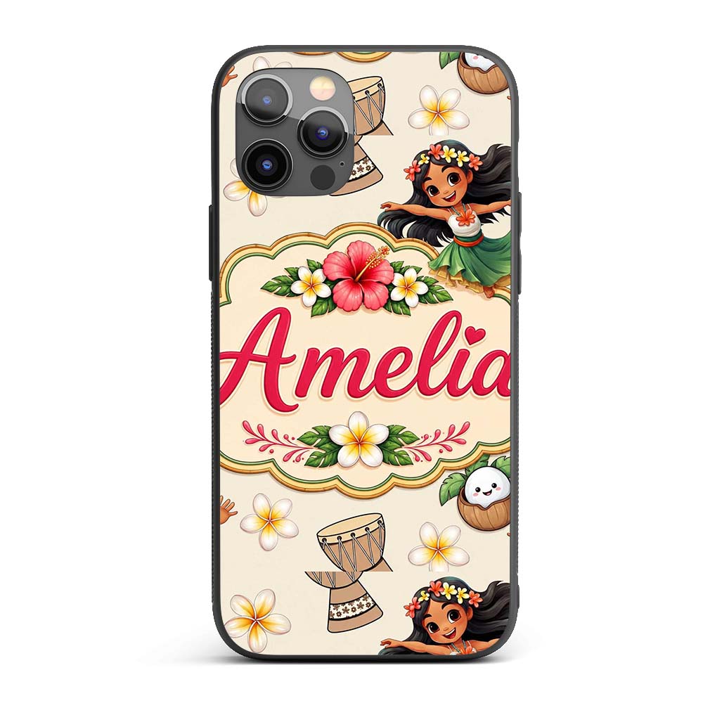 Cute Hula Girl Cream Background Tropical Flowers Custom Name Protective Phone Case Mobile Cover Durable Everyday Smartphone Shock Resistant