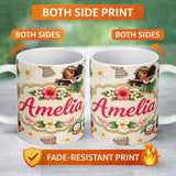 Personalized Custom Name Cute Hula Girl Cream Background Tropical Flowers Coconut Seamless 11oz Ceramic Coffee Tea Mug White Large Handle