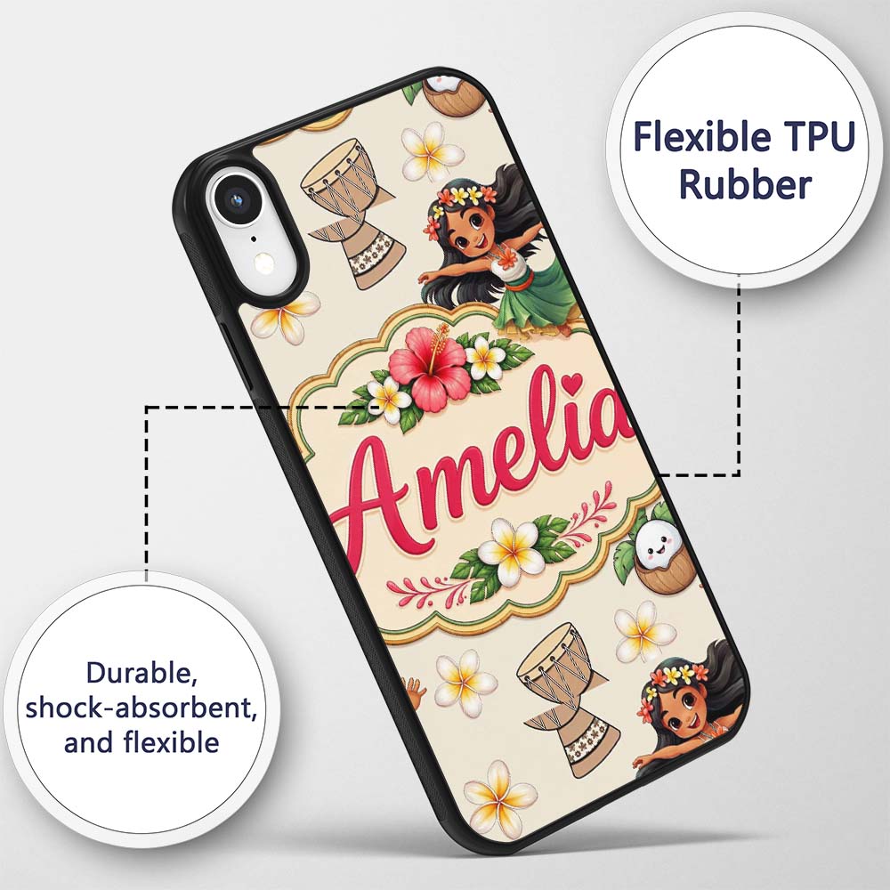 Cute Hula Girl Cream Background Tropical Flowers Custom Name Protective Phone Case Mobile Cover Durable Everyday Smartphone Shock Resistant