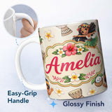 Personalized Custom Name Cute Hula Girl Cream Background Tropical Flowers Coconut Seamless 11oz Ceramic Coffee Tea Mug White Large Handle