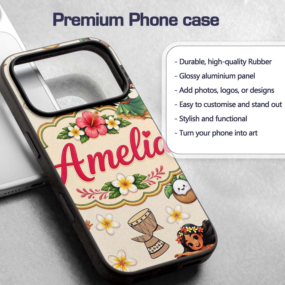 Cute Hula Girl Cream Background Tropical Flowers Custom Name Protective Phone Case Mobile Cover Durable Everyday Smartphone Shock Resistant