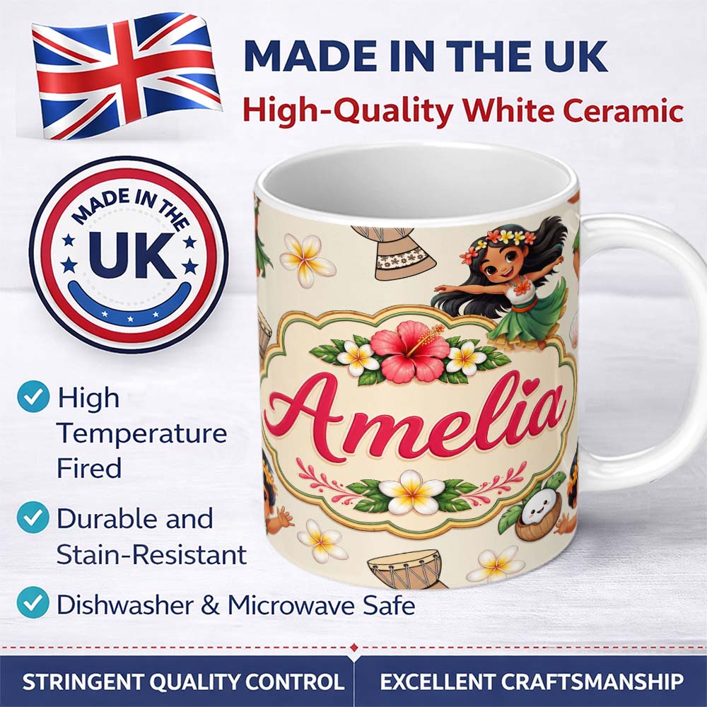 Personalized Custom Name Cute Hula Girl Cream Background Tropical Flowers Coconut Seamless 11oz Ceramic Coffee Tea Mug White Large Handle