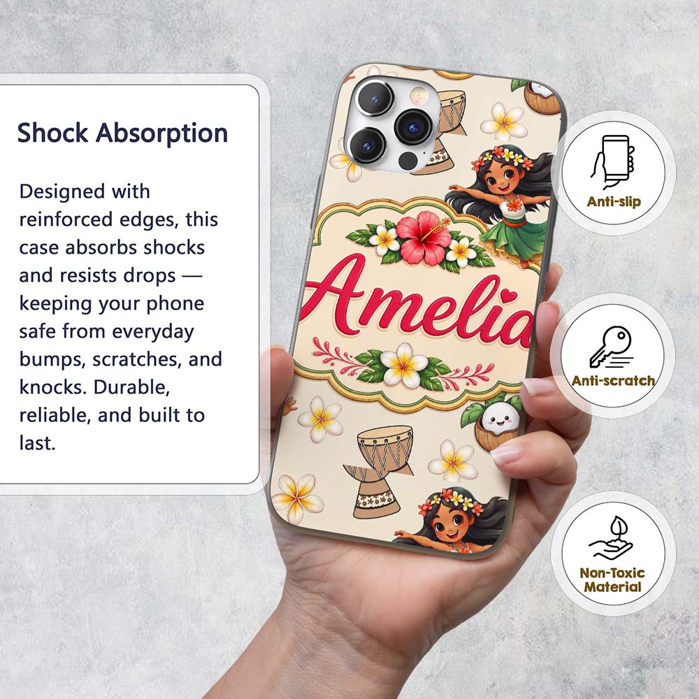 Cute Hula Girl Cream Background Tropical Flowers Custom Name Protective Phone Case Mobile Cover Durable Everyday Smartphone Shock Resistant