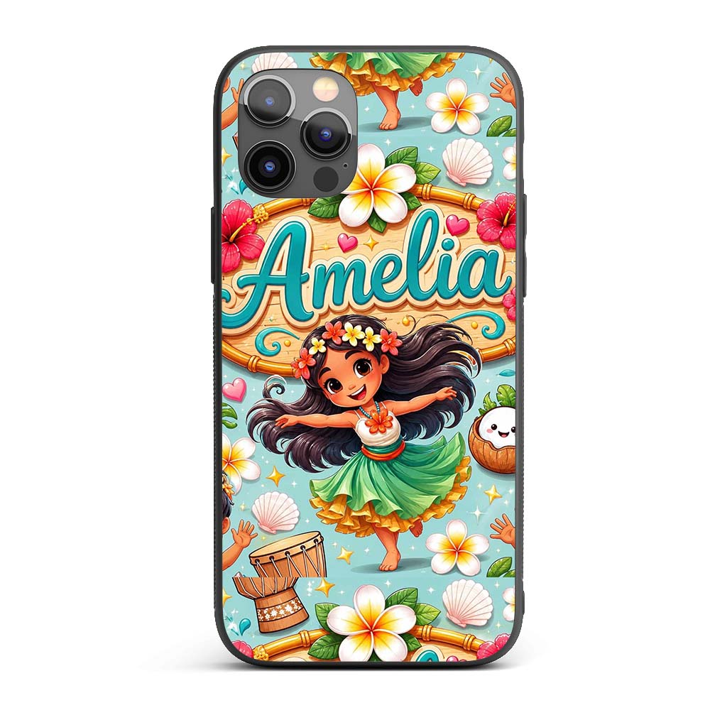 Cute Hula Girl Mint Background Tropical Flowers Custom Name Protective Phone Case Mobile Cover Durable Everyday Smartphone Shock Resistant