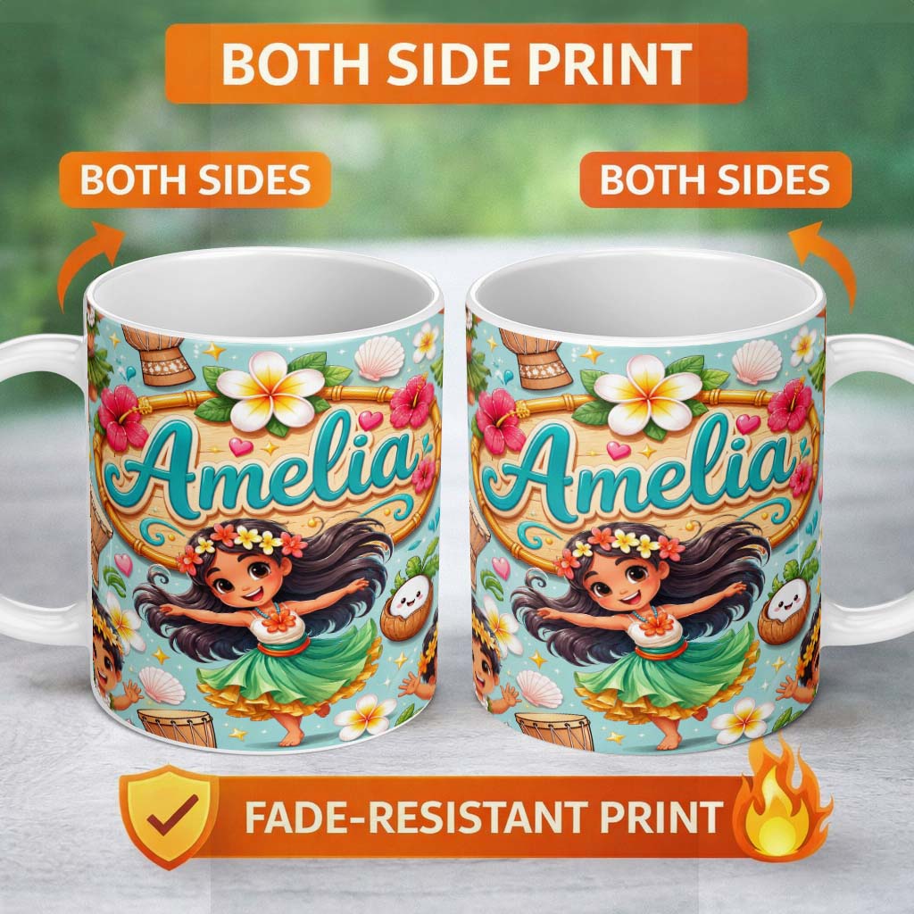 Personalized Custom Name Cute Hula Girl Mint Background Tropical Flowers Coconut Seamless 11oz Ceramic Coffee Tea Mug White Large Handle