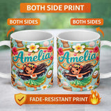 Personalized Custom Name Cute Hula Girl Mint Background Tropical Flowers Coconut Seamless 11oz Ceramic Coffee Tea Mug White Large Handle