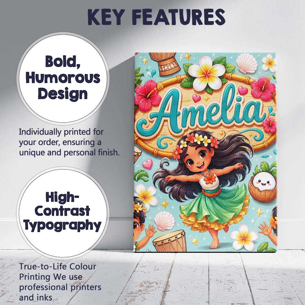 Personalised Name Cute Hula Girl Mint Custom Modern Room Accent Creative Decorator Style Canvas Wall Art Print Decor Picture Ready to Hang