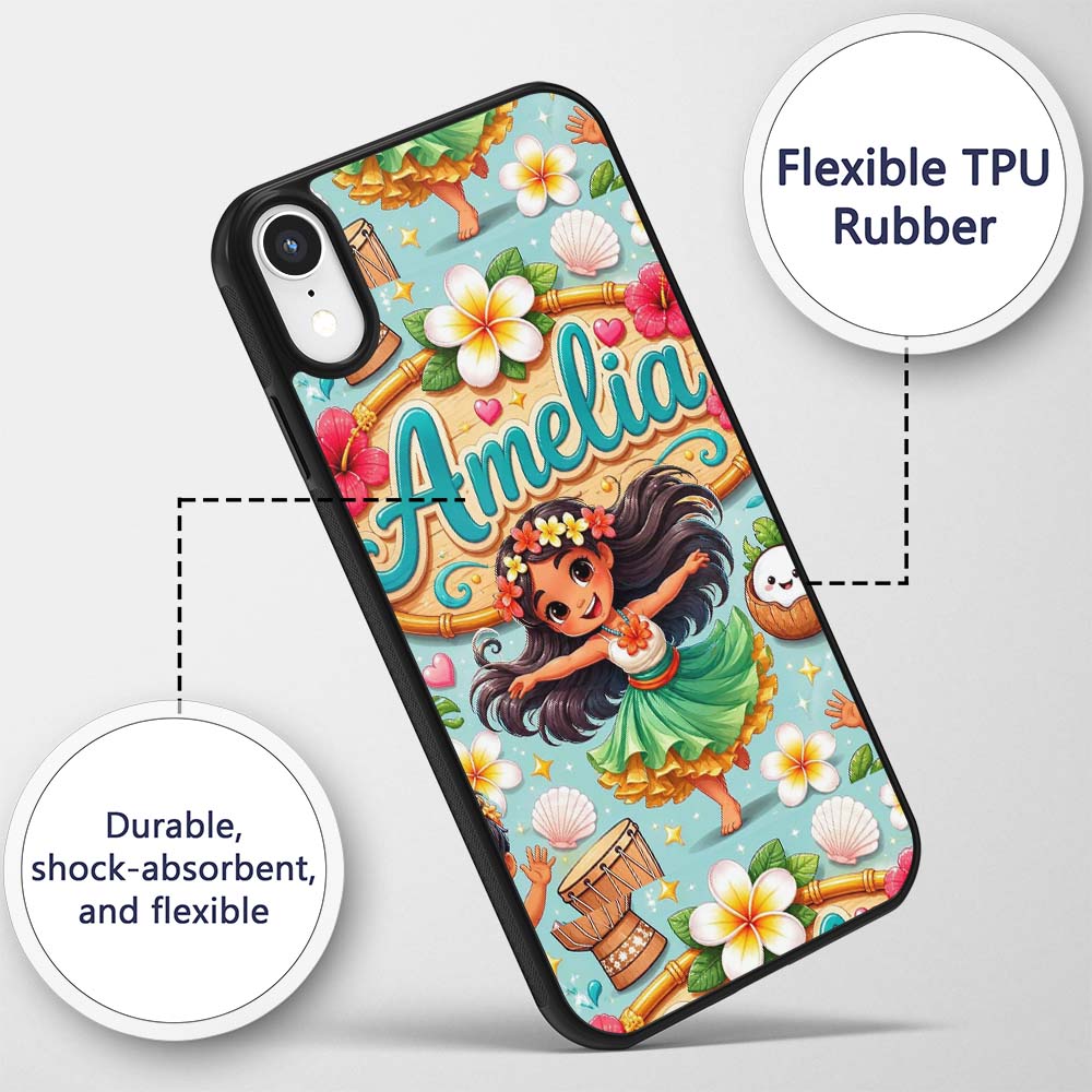 Cute Hula Girl Mint Background Tropical Flowers Custom Name Protective Phone Case Mobile Cover Durable Everyday Smartphone Shock Resistant