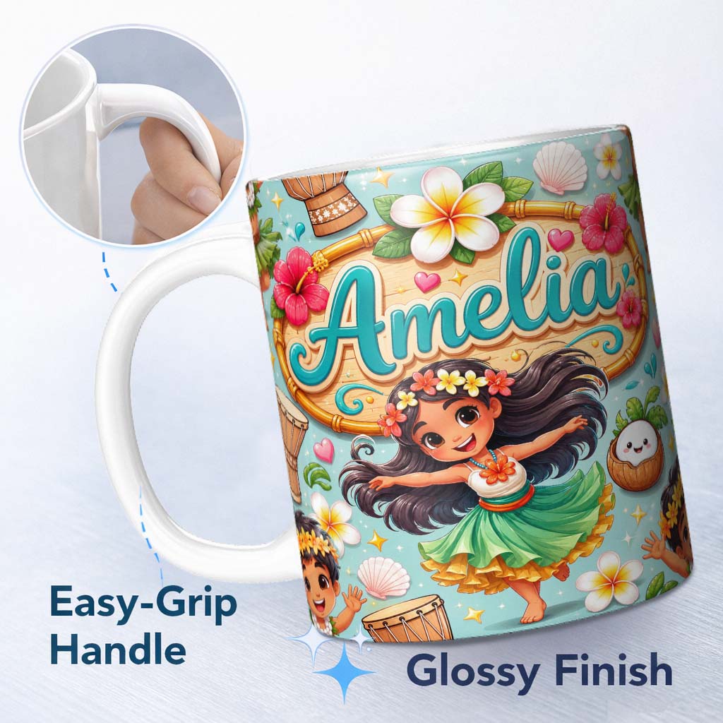 Personalized Custom Name Cute Hula Girl Mint Background Tropical Flowers Coconut Seamless 11oz Ceramic Coffee Tea Mug White Large Handle