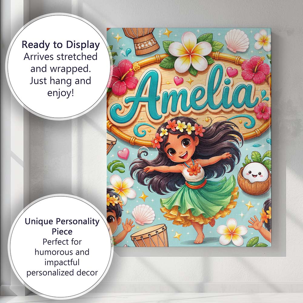 Personalised Name Cute Hula Girl Mint Custom Modern Room Accent Creative Decorator Style Canvas Wall Art Print Decor Picture Ready to Hang