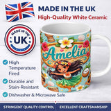 Personalized Custom Name Cute Hula Girl Mint Background Tropical Flowers Coconut Seamless 11oz Ceramic Coffee Tea Mug White Large Handle