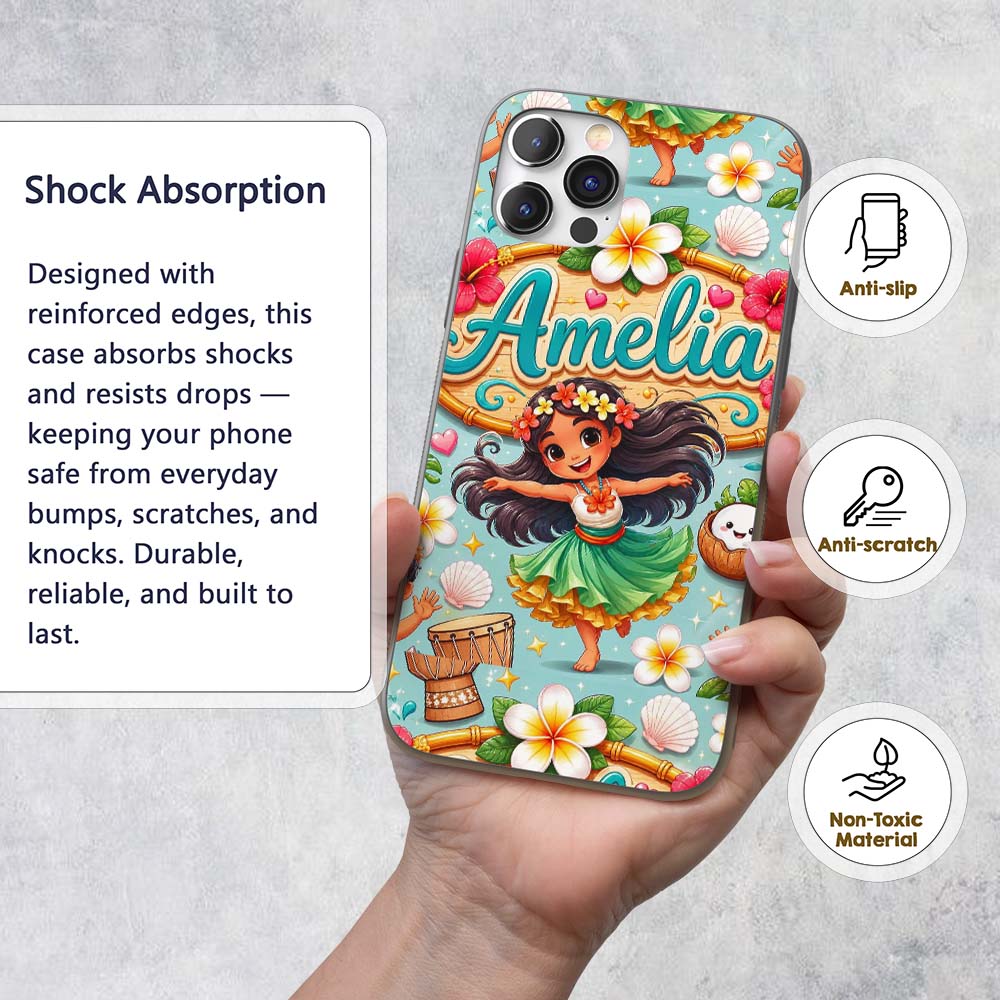 Cute Hula Girl Mint Background Tropical Flowers Custom Name Protective Phone Case Mobile Cover Durable Everyday Smartphone Shock Resistant
