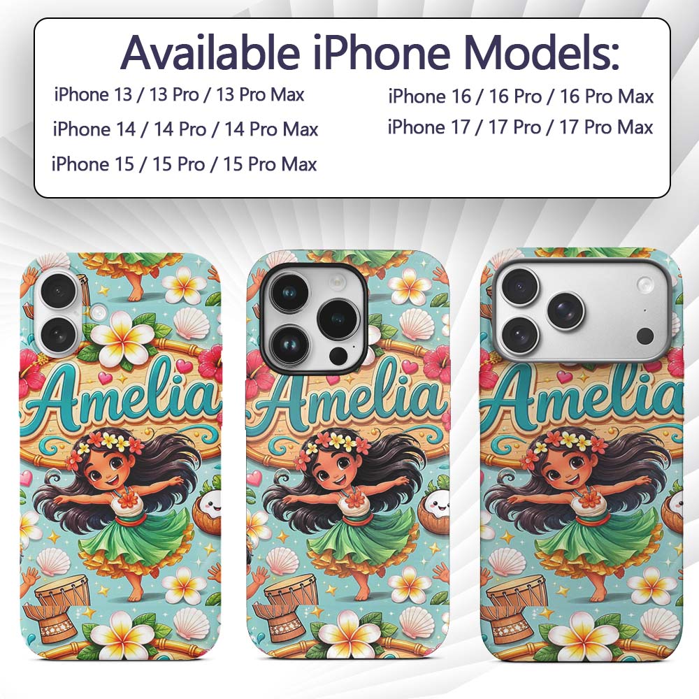 Cute Hula Girl Mint Background Tropical Flowers Custom Name Protective Phone Case Mobile Cover Durable Everyday Smartphone Shock Resistant