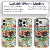 Cute Hula Girl Mint Background Tropical Flowers Custom Name Protective Phone Case Mobile Cover Durable Everyday Smartphone Shock Resistant