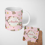 Personalized Custom Name Cute Hula Girl Pink Background Tropical Flowers Coconut Seamless 11oz Ceramic Coffee Tea Mug White Large Handle