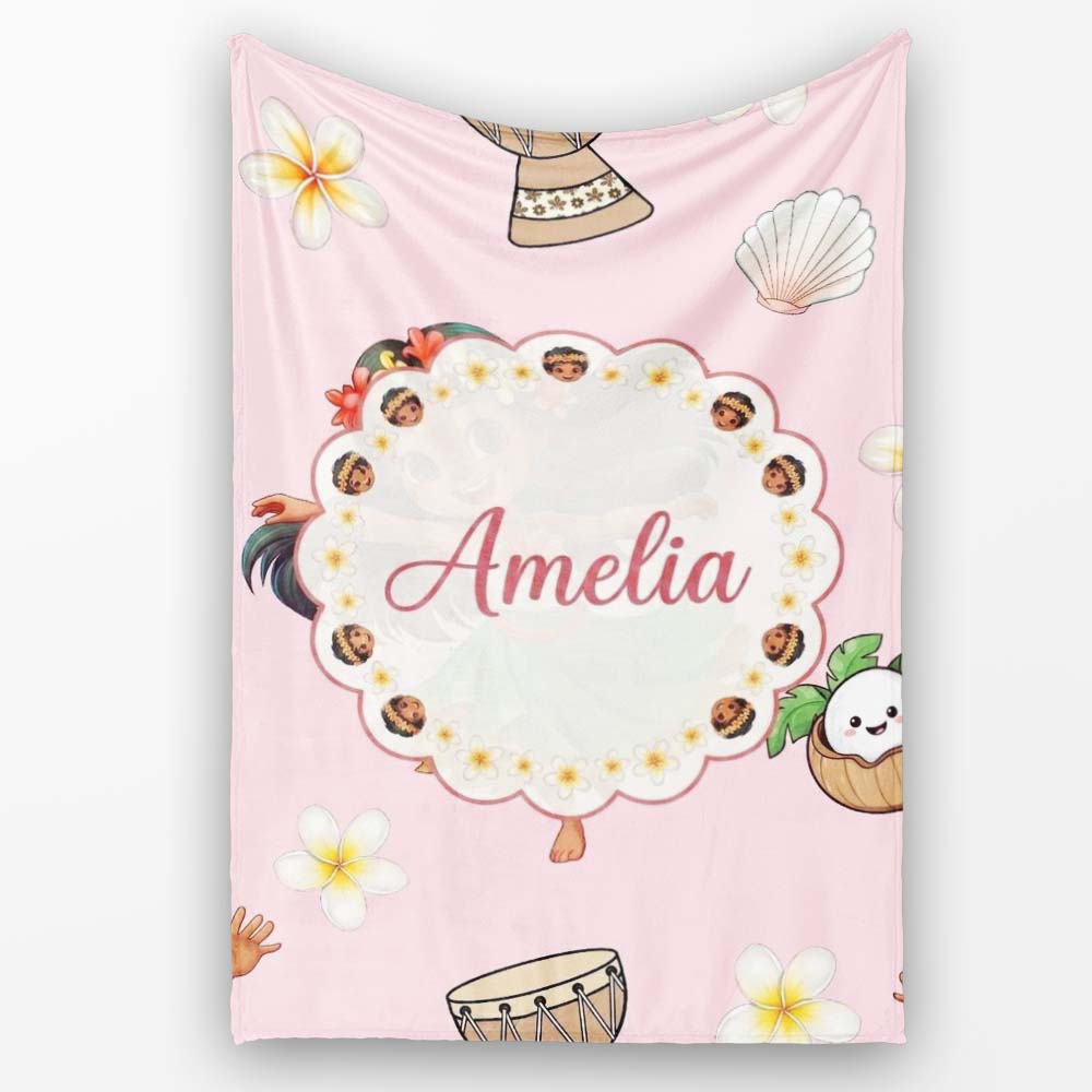Cute Hula Girl Pink Background Tropical Flowers Coconut Seamless  Personalised Custom Name Super Soft Fleece Blanket Bed Sofa Throw