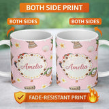 Personalized Custom Name Cute Hula Girl Pink Background Tropical Flowers Coconut Seamless 11oz Ceramic Coffee Tea Mug White Large Handle