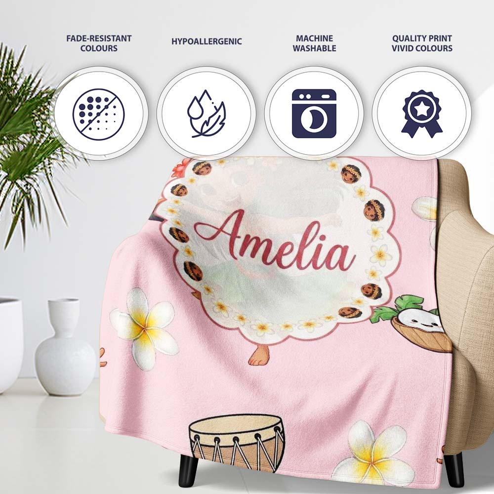 Cute Hula Girl Pink Background Tropical Flowers Coconut Seamless  Personalised Custom Name Super Soft Fleece Blanket Bed Sofa Throw