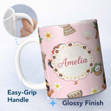Personalized Custom Name Cute Hula Girl Pink Background Tropical Flowers Coconut Seamless 11oz Ceramic Coffee Tea Mug White Large Handle