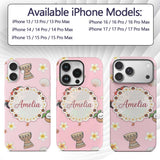 Cute Hula Girl Pink Background Tropical Flowers Custom Name Protective Phone Case Mobile Cover Durable Everyday Smartphone Shock Resistant