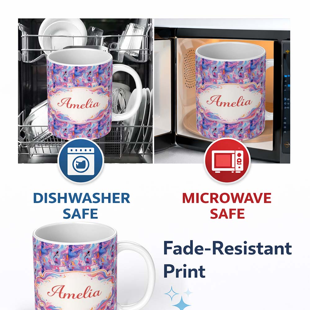 Personalized Custom Name Light Aqua Marble Vein Gold Effect Abstract Pattern Cute Unique Gift 11oz Ceramic Coffee Tea Mug White Large Handle