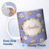 Personalized Custom Name Cute Hula Girl Purple Background Tropical Flowers Coconut Seamless 11oz Ceramic Coffee Tea Mug White Large Handle