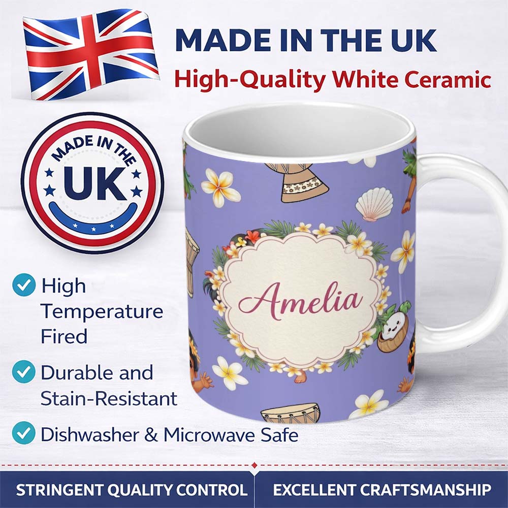 Personalized Custom Name Cute Hula Girl Purple Background Tropical Flowers Coconut Seamless 11oz Ceramic Coffee Tea Mug White Large Handle