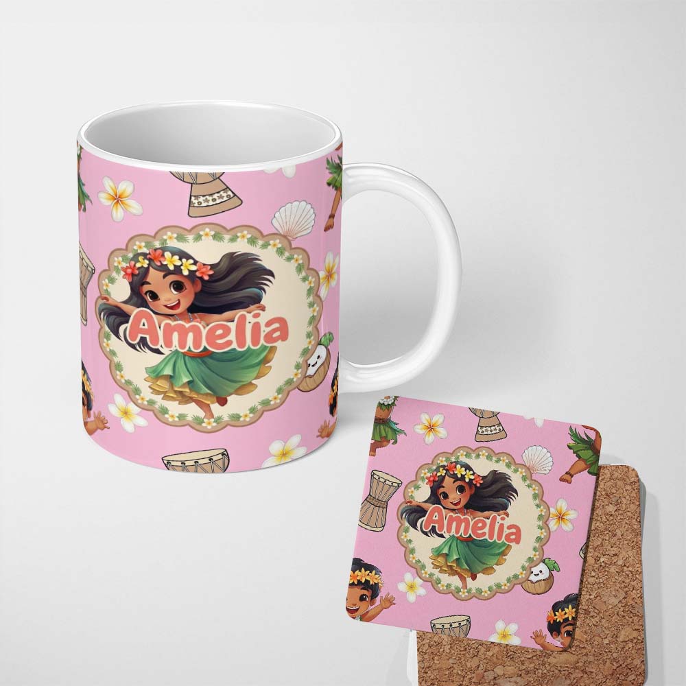 Personalized Custom Name Cute Hula Girl Soft Pink Background Tropical Flowers Coconut 11oz Ceramic Coffee Tea Mug White Large Handle